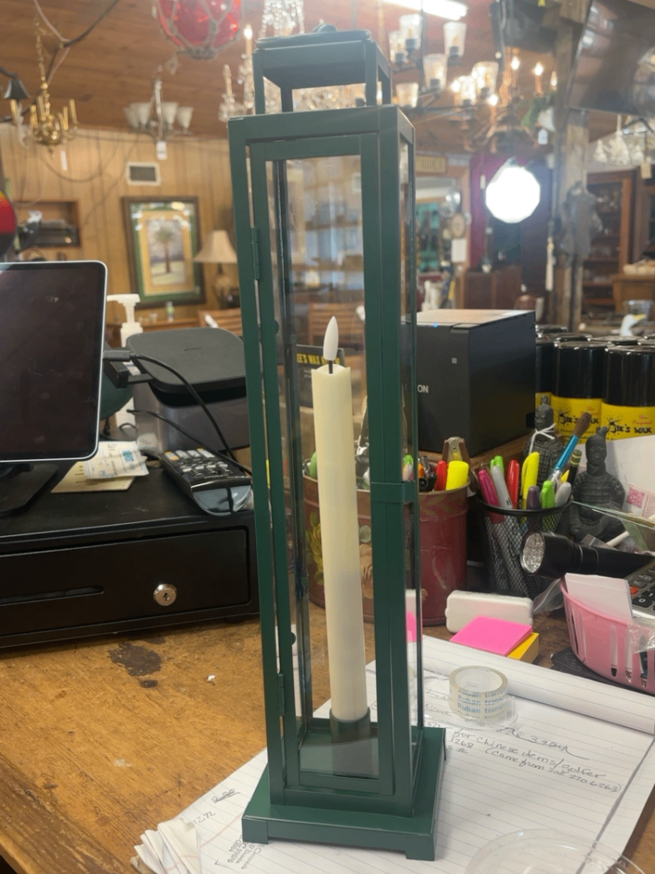 Green Hanging lantern with flameless LED taper candle
