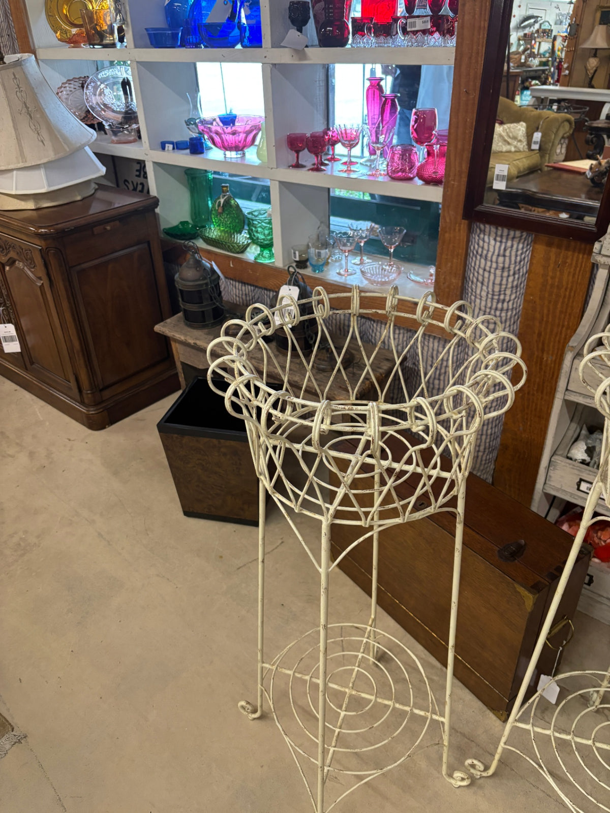 Vintage White Wrought Iron Garden Plant Stand / Jardinière with Scrollwork