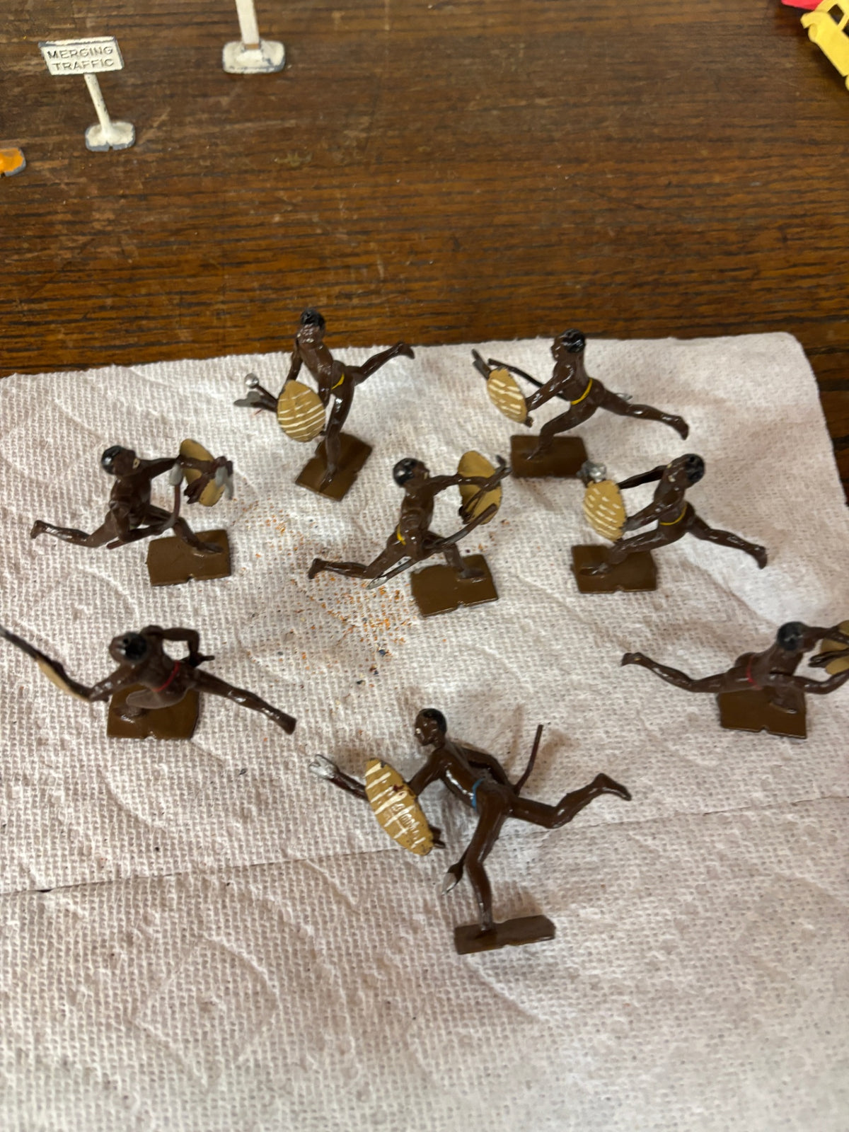 Vintage Set of 8 Hand-Painted Cast Metal African Warrior Toy Figures with Shields & Spears