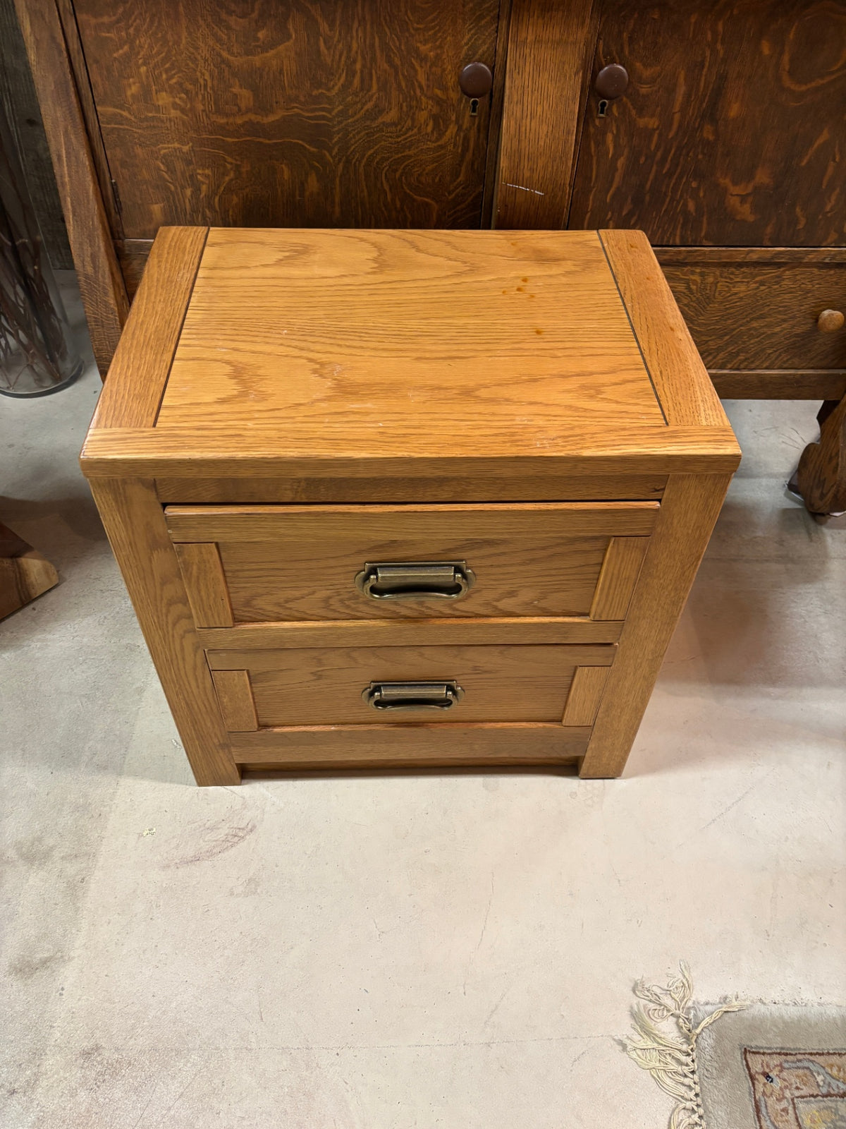 Lexington Solid Oak Two-Drawer Nightstand / End Table with Brass Campaign-Style Pulls