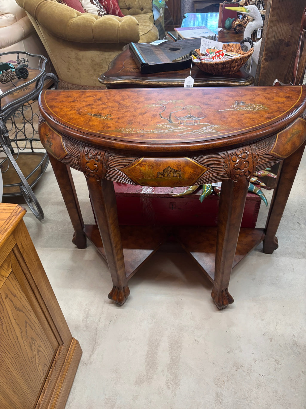 Asian Chinoiserie Demilune Console Table with Hand-Painted Pagoda Landscape