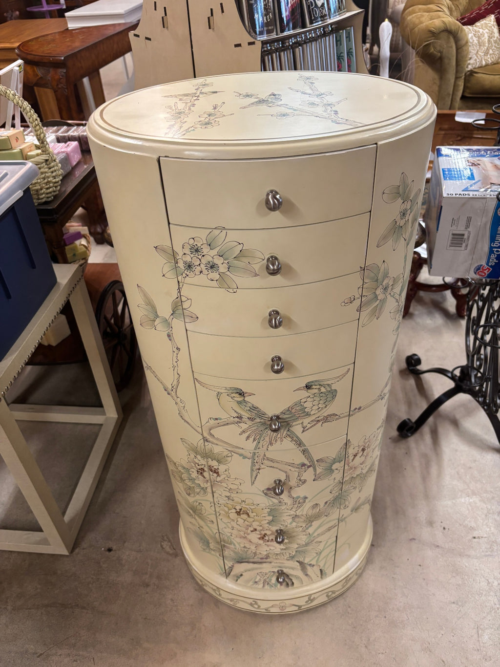 Chinese Chinoiserie Hand-Painted Floral & Bird Tall Jewelry Chest