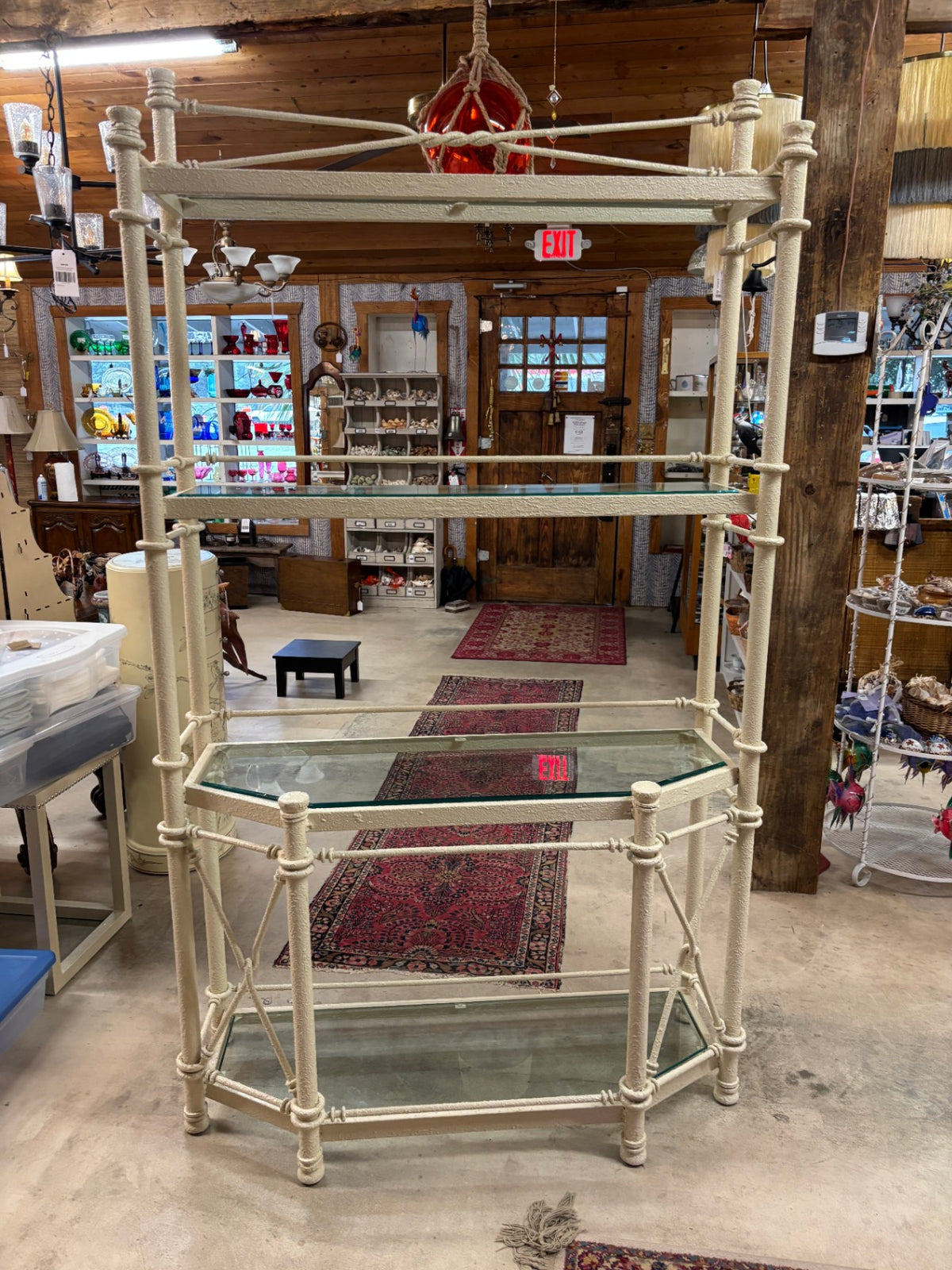 Vintage Coastal Rope-Wrapped Étagère Display Shelf with Glass Shelves