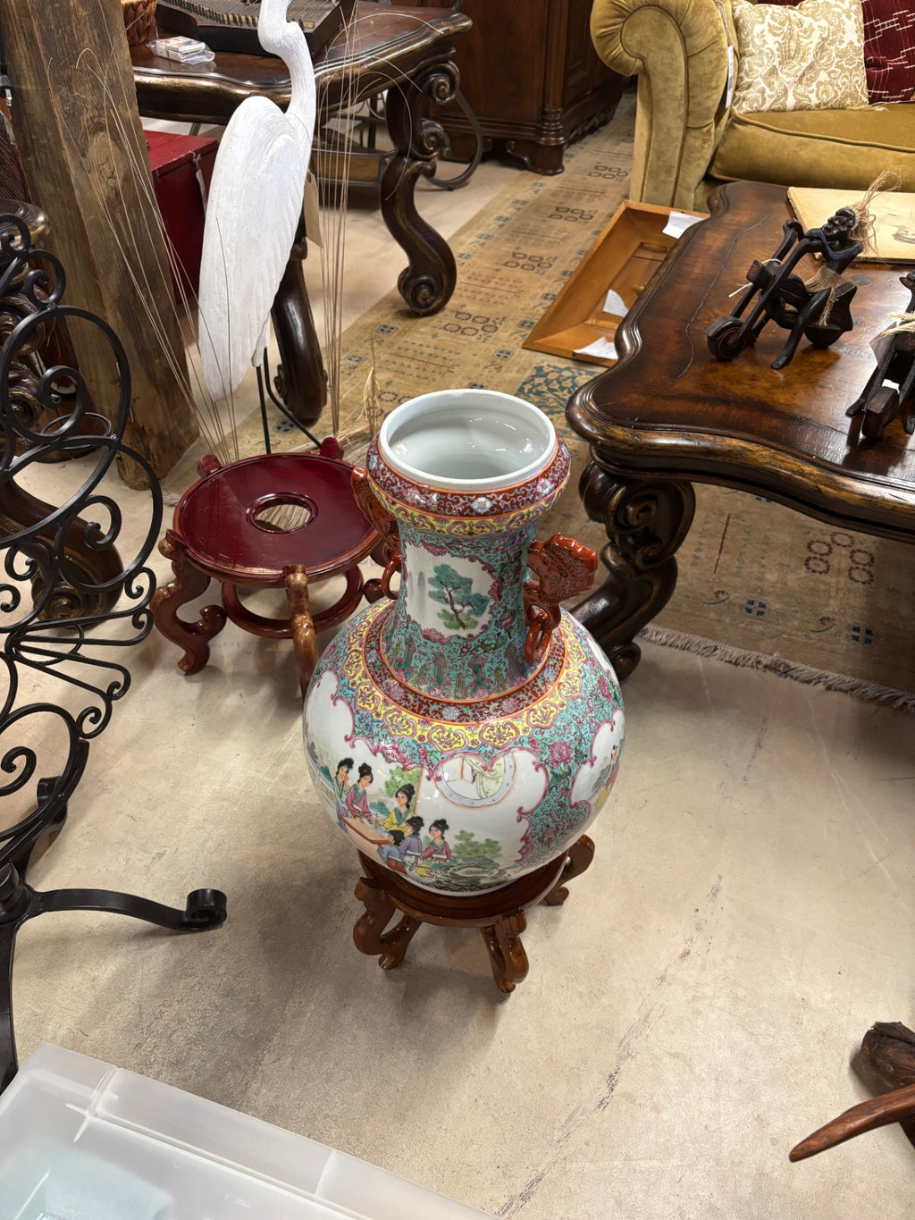 Chinese Enameled Porcelain Vase, Republic Period With Wood Base