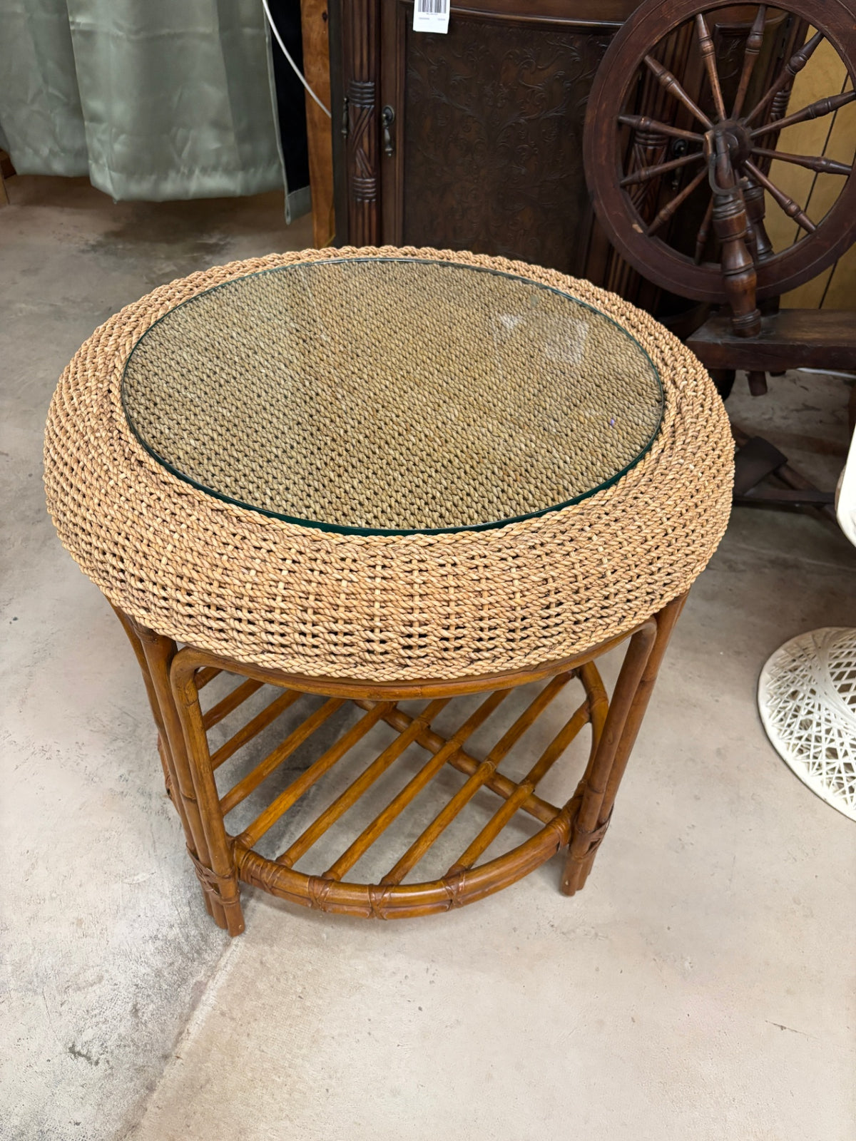 Vintage Rattan & Woven Seagrass Round Side Table with Glass Top