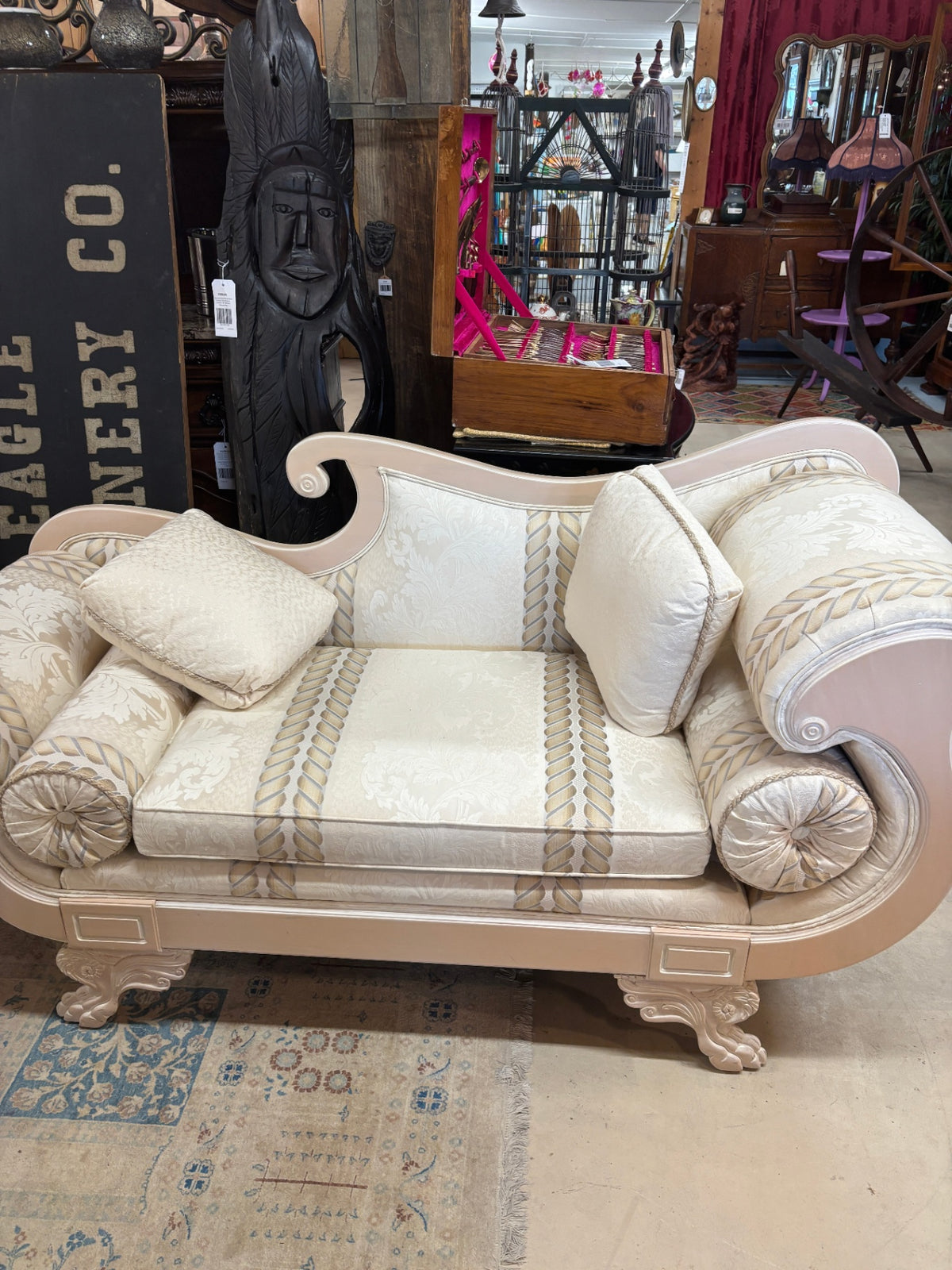 Hollywood Regency / Neoclassical Carved Wood Loveseat with Cream Damask Upholstery