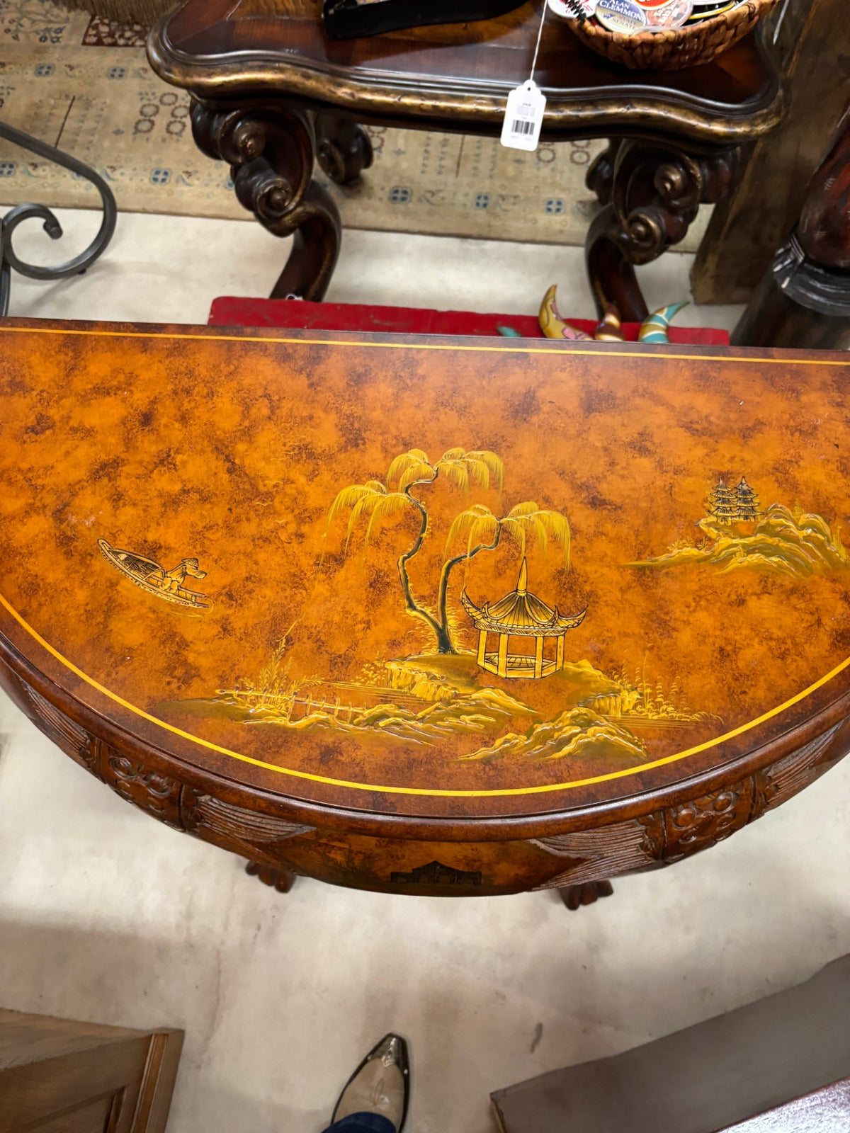 Asian Chinoiserie Demilune Console Table with Hand-Painted Pagoda Landscape