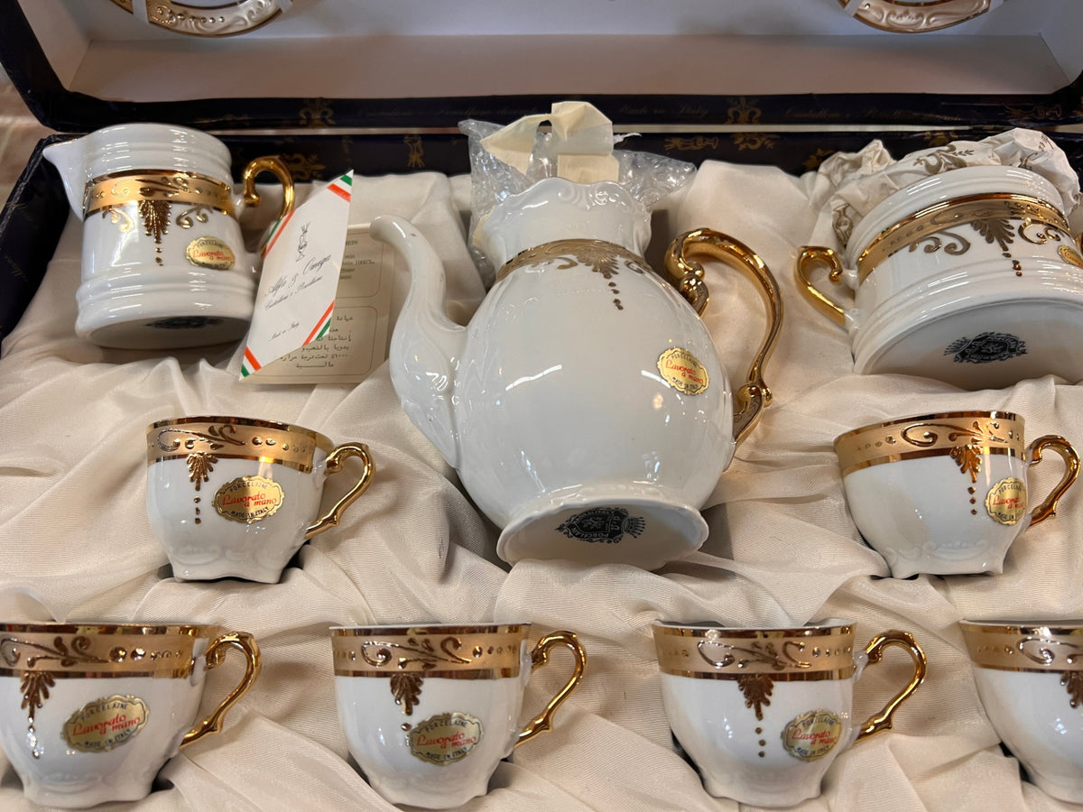 Vintage Alfa & Omega Italian Hand-Decorated Porcelain Coffee & Tea Service with Gold Gilt – Boxed Set