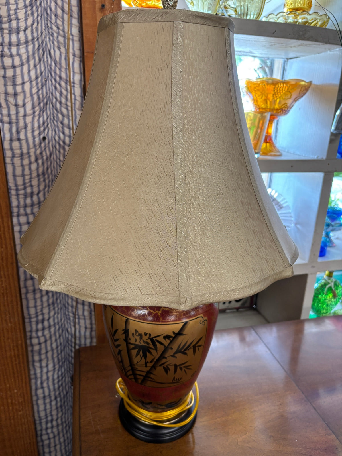 Vintage Asian-Style Ceramic Table Lamp with Bamboo Motif & Fabric Shade