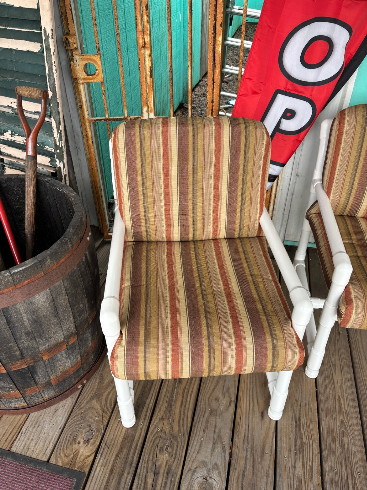 Vintage Striped Upholstered Patio Armchair with White PVC Frame