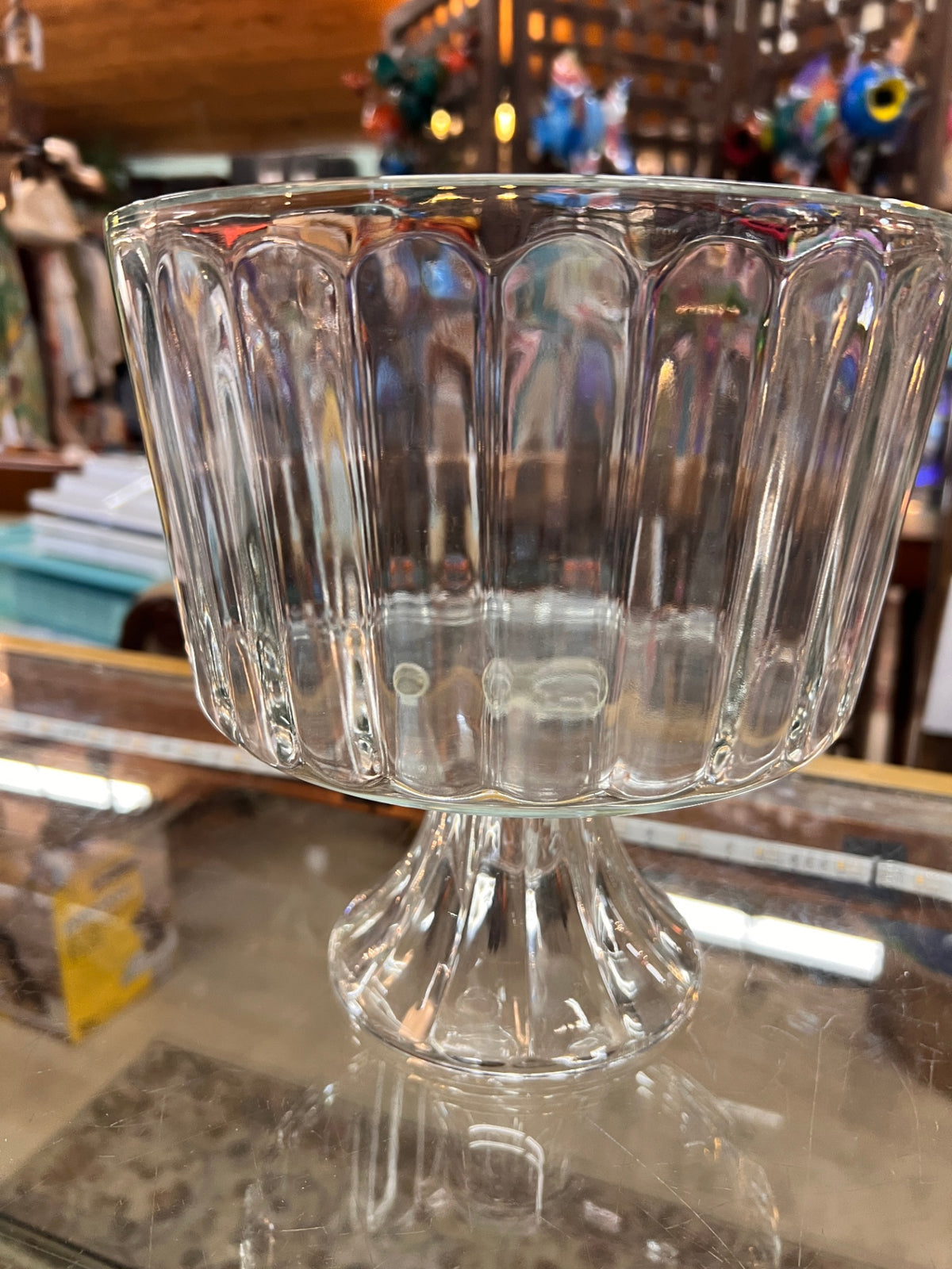 Vintage 70s Ribbed Clear Glass Trifle Bowl Footed Pedestal Base Retro Fluted