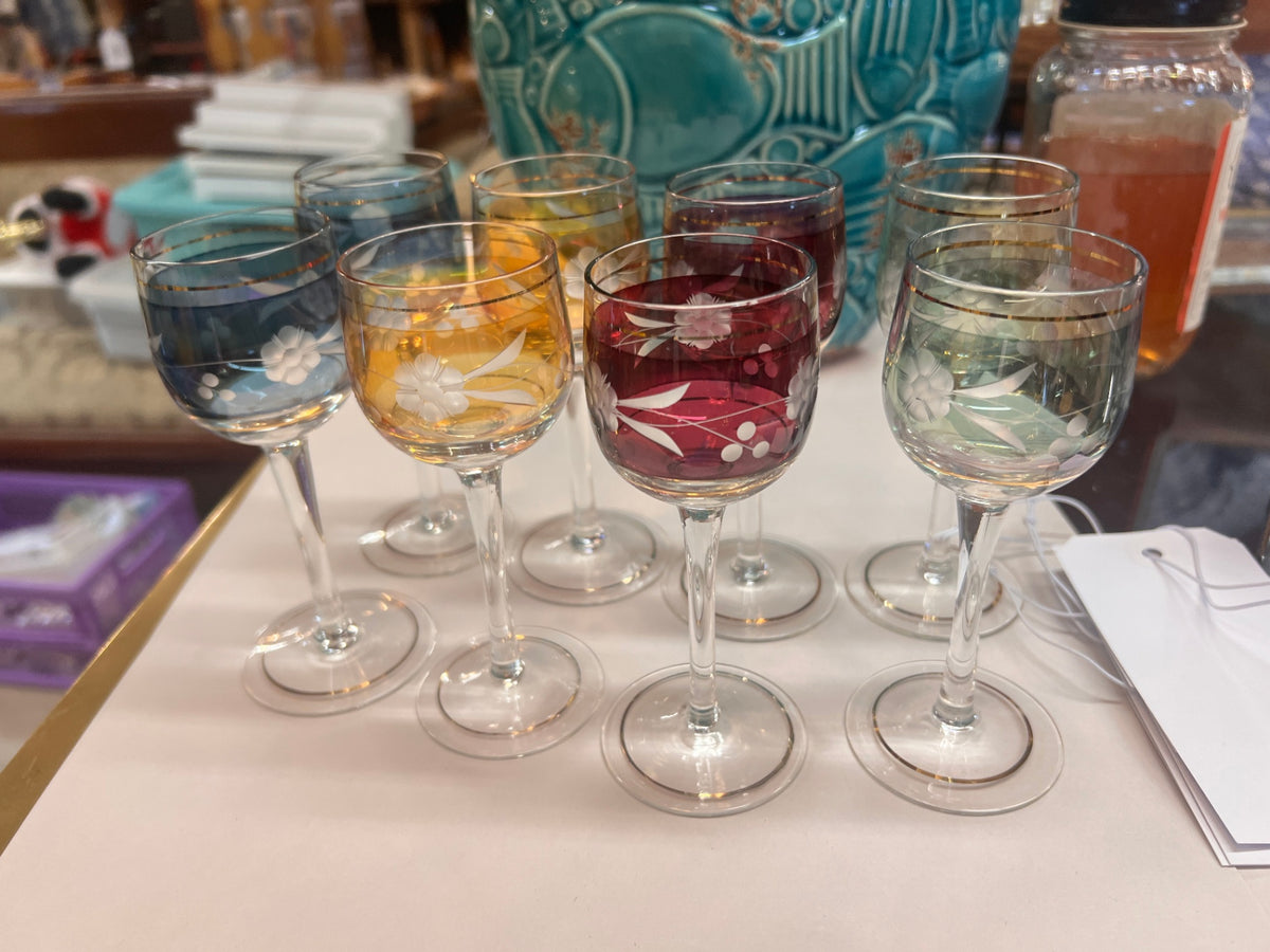 Bohemian Czech Cut to Clear Overlay 5" Cordial Glasses Set Of 8
