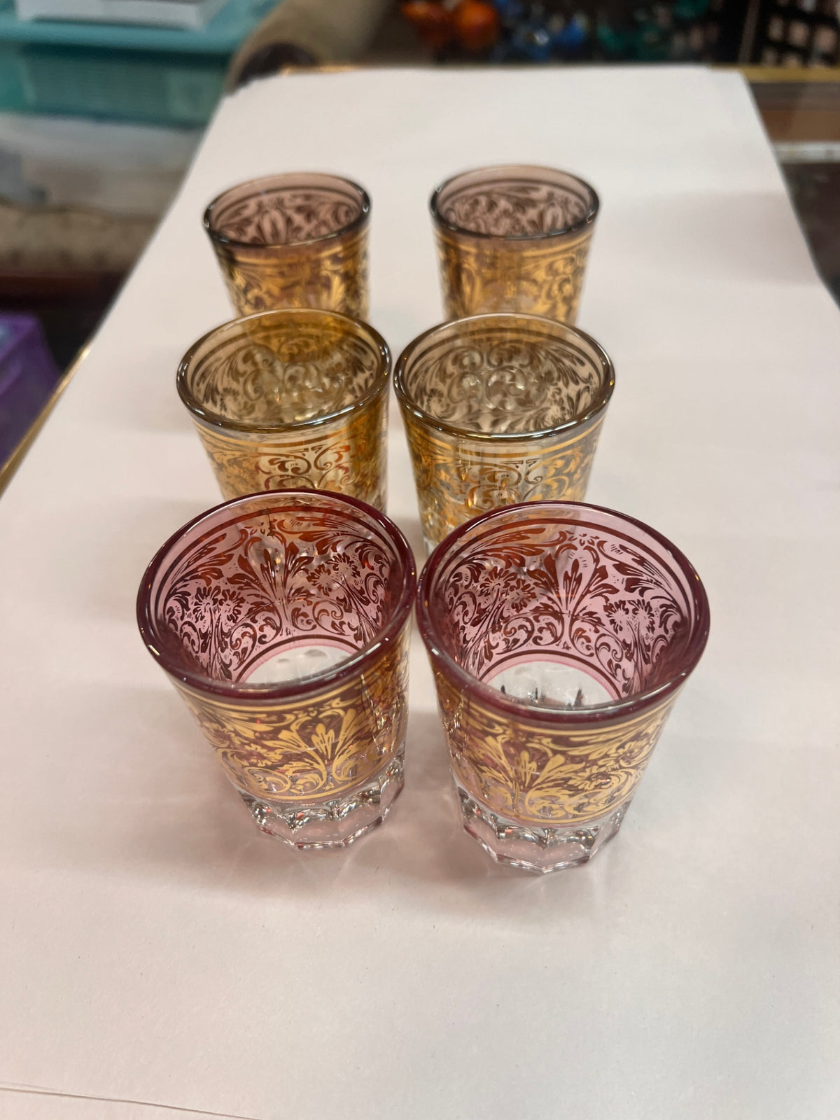 Set of 6 Vintage Gold Filigree Cordial / Shot Glasses – Amber & Pink