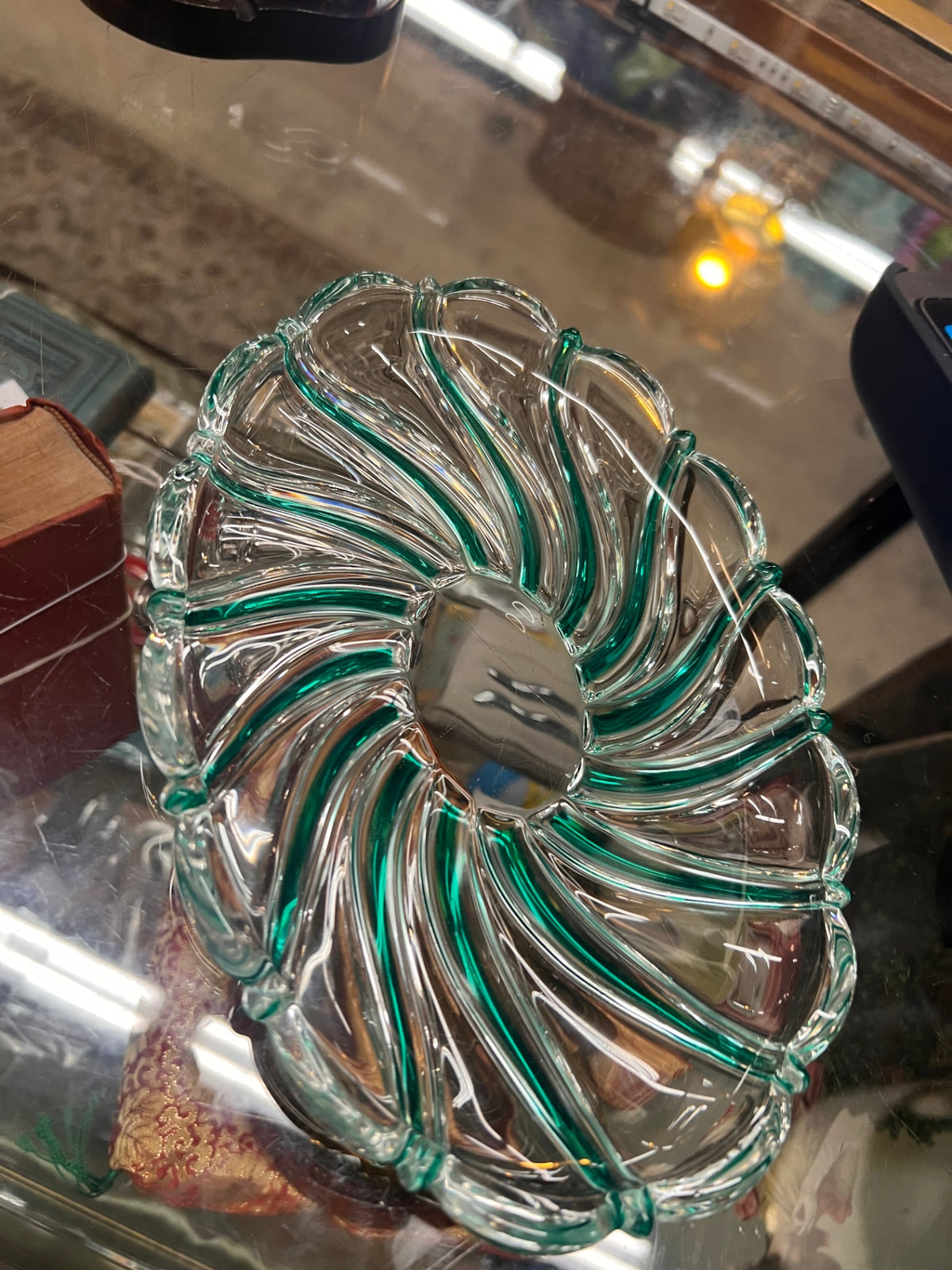 Vintage MIKASA Crystal Green Peppermint Swirl Glass Serving Dish