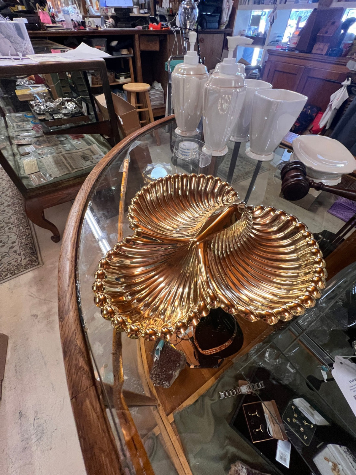 Vintage Lacquered Brass Divided Shell Shaped Tray