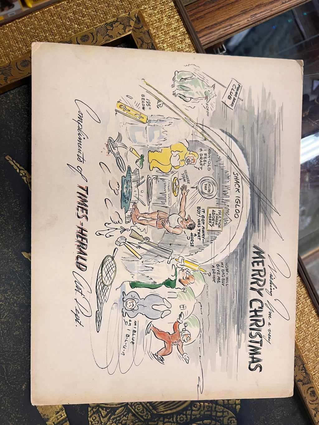Vintage Times-Herald Art Department Original Christmas Cartoon Illustration on Bainbridge Kromo-Lite Board