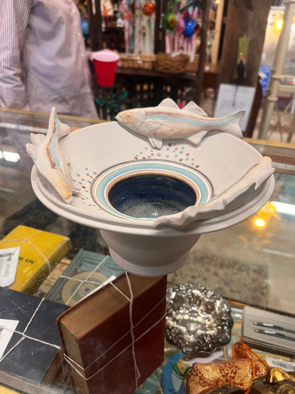 Handcrafted Coastal Studio Pottery Fish Serving Bowl with Three-Dimensional Applied Fish