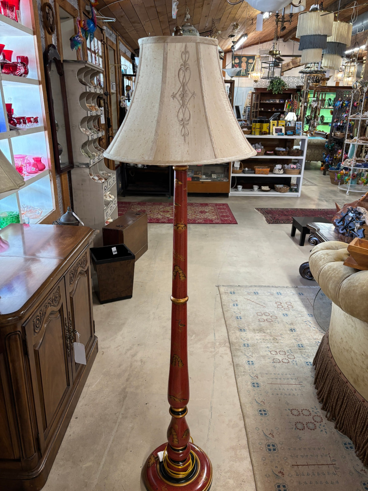 Vintage Chinoiserie Red & Gold Hand-Painted Column Floor Lamp