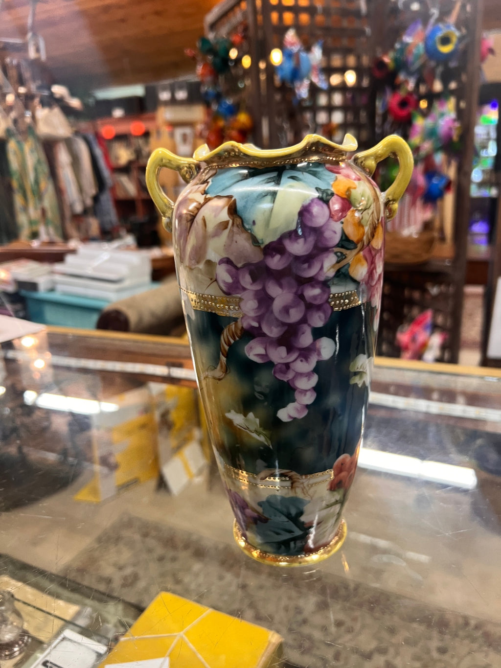 Antique Hand Painted Nippon Porcelain Double Handle Vase with Grapes & Gold Moriage c. 1900