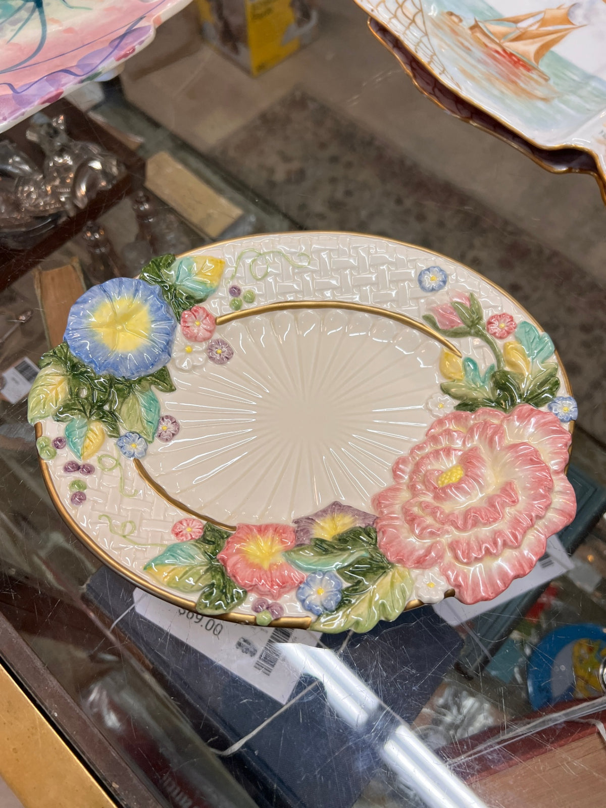 Rare Fitz and Floyd Les Fleurs Canape Plate Platter Pink Flower