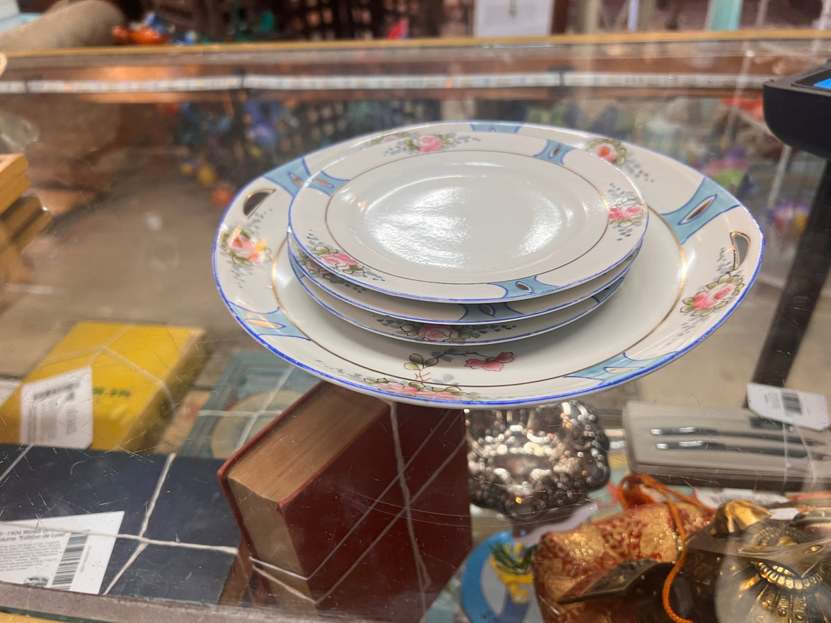 Antique Nippon Porcelain Serving Set with Pink Roses, Blue Geometric Border & Gold Trim c. 1891–1921