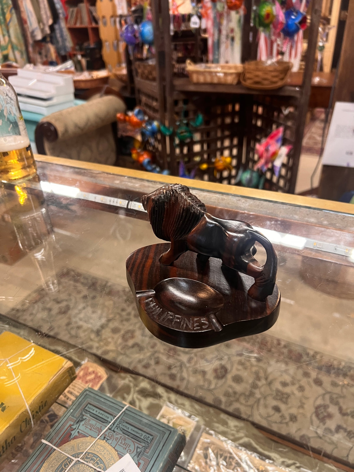 Vtg Hand Carved Brown Wooden Lion "Philippines" Ashtray Pen Holder Trinket Dish Paula Garcia