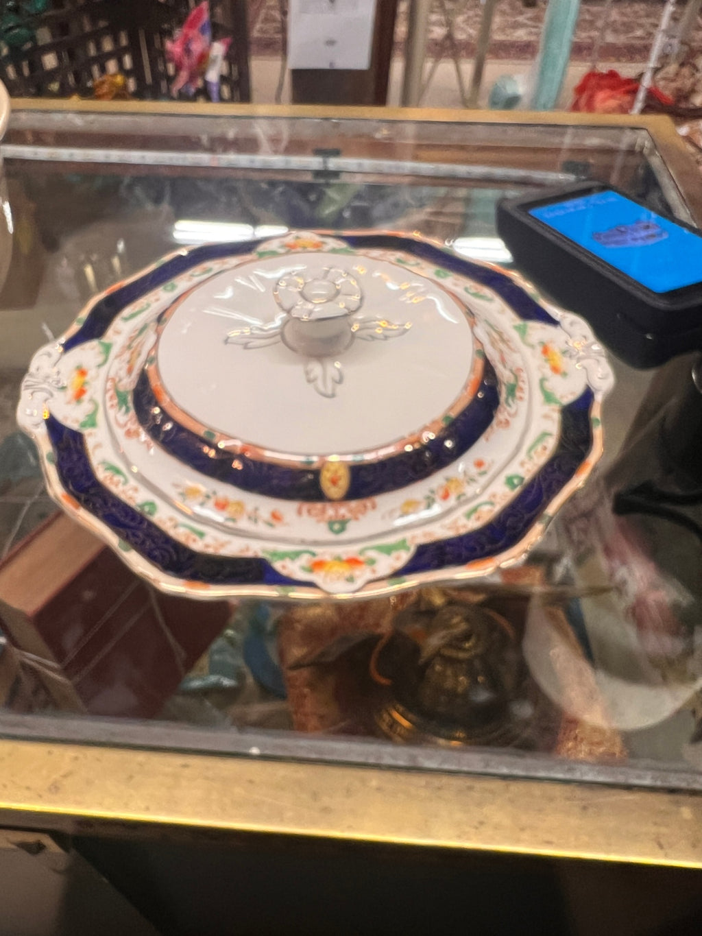 Antique c.1891–1900 Henry Alcock & Co. Parisian Porcelain Cobalt Covered Serving Dish with Cherub Finial