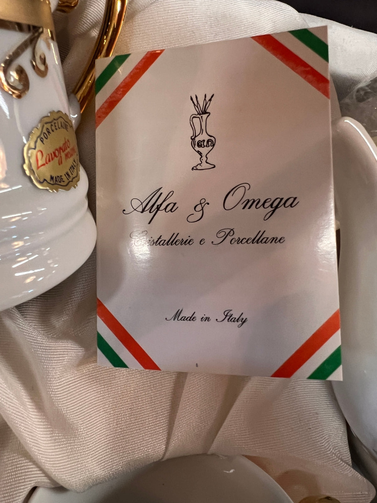 Vintage Alfa & Omega Italian Hand-Decorated Porcelain Coffee & Tea Service with Gold Gilt – Boxed Set