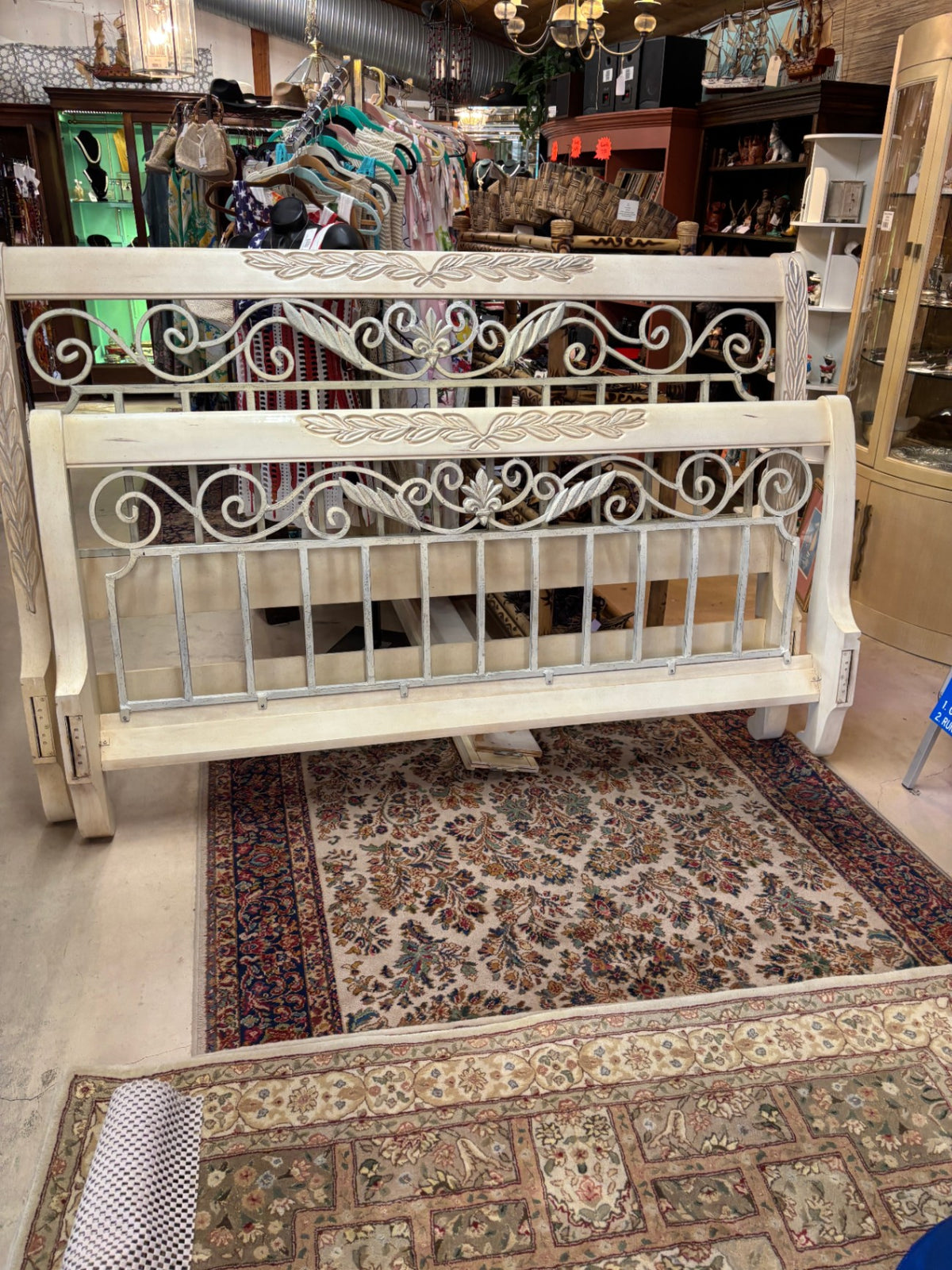 King Size Distressed Cream Wood & Wrought Iron Bed Frame with Scrollwork