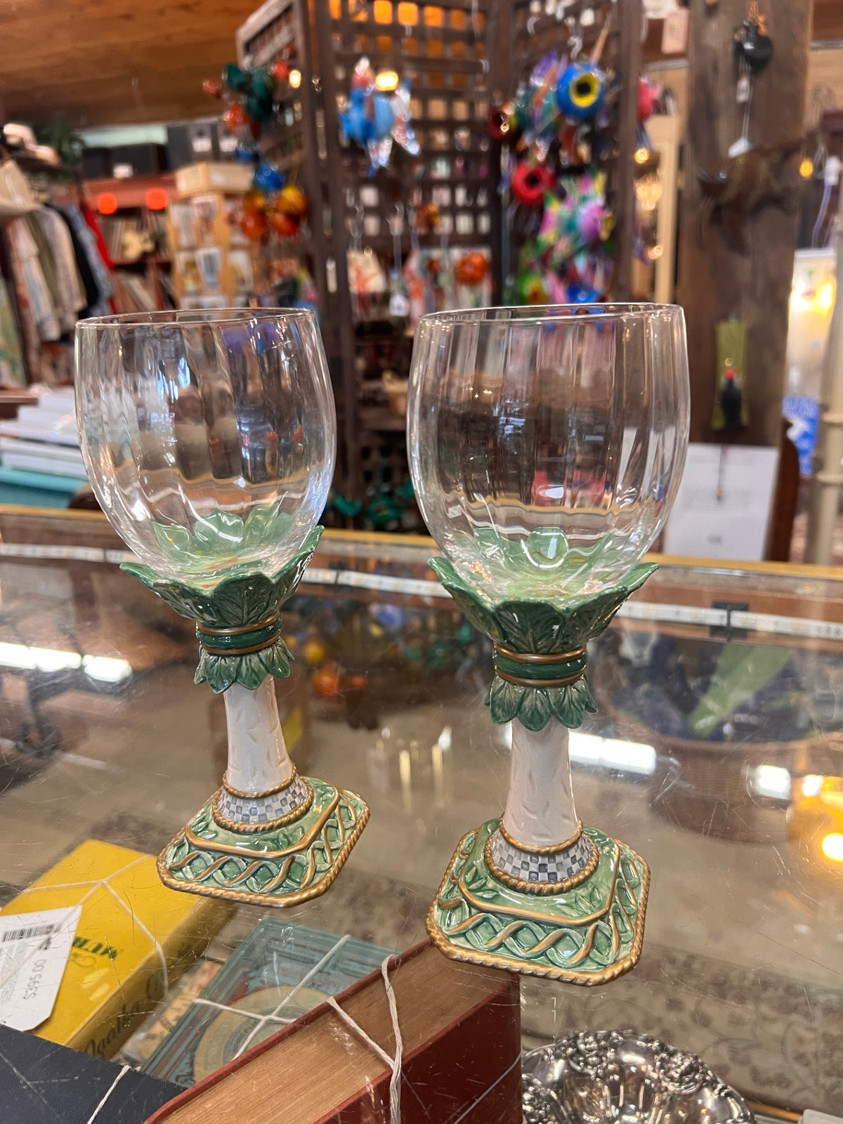 Pair of Fitz & Floyd Gregorian Collection Wine Goblets Green Gold Ceramic Stemware