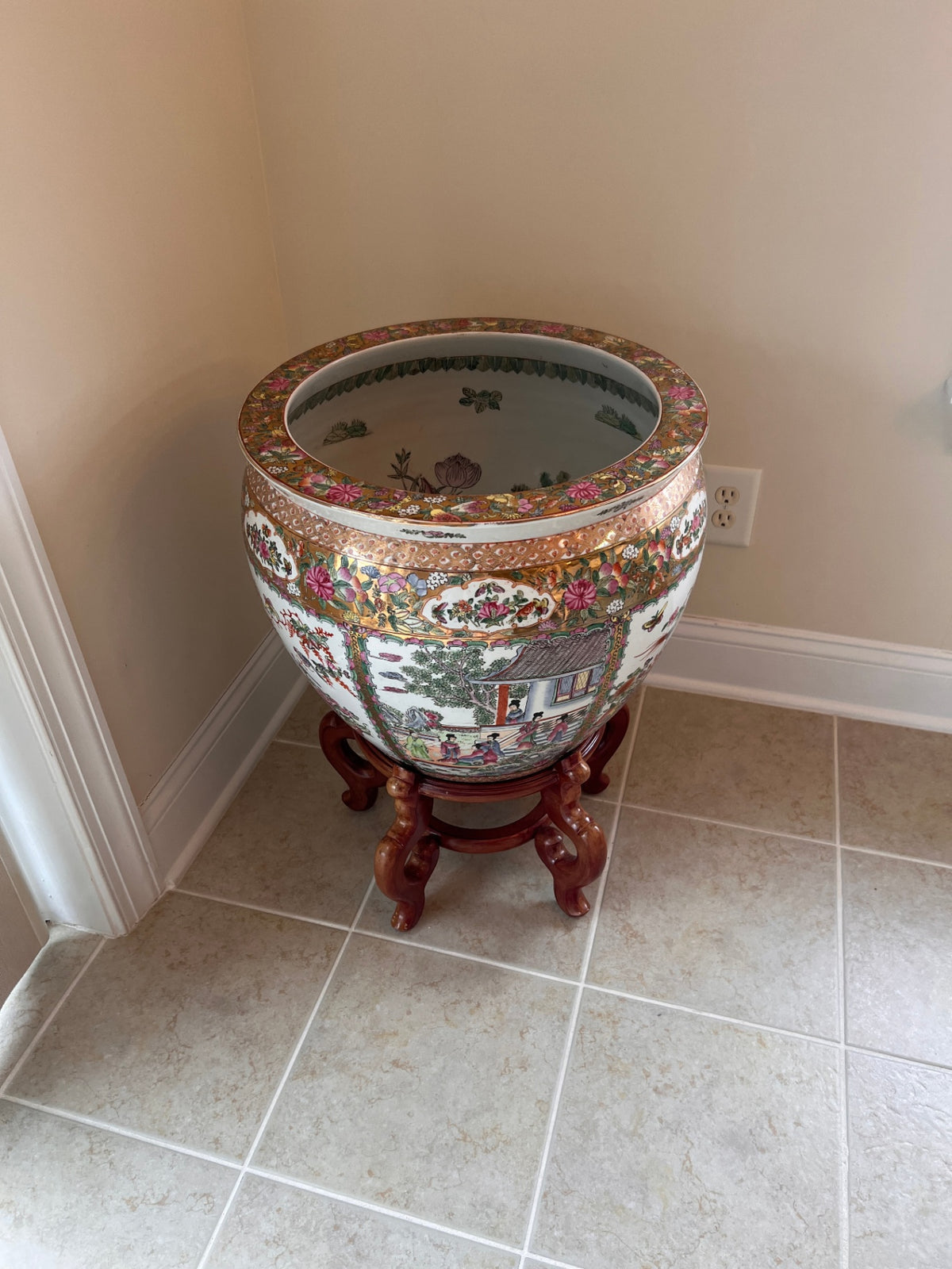 Large Vintage Chinese Famille Rose Porcelain Floor Vase Urn with Elephant Mask Ring Handles & Wood Stand