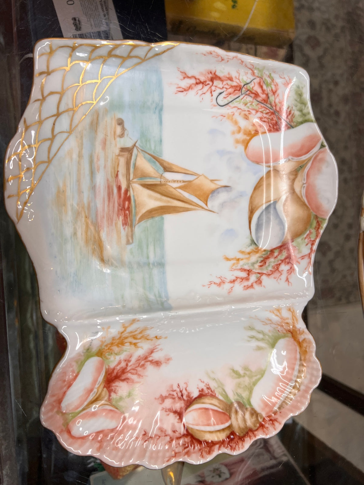 Pair of Antique T&V Limoges France Hand-Painted Nautical Porcelain Divided Serving Dishes