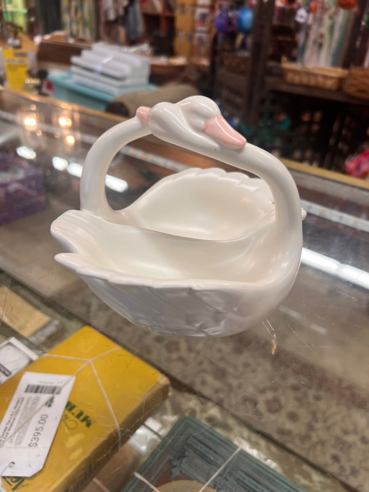 Vintage Fitz & Floyd Japan Double White Swan Ceramic Basket Planter Dish