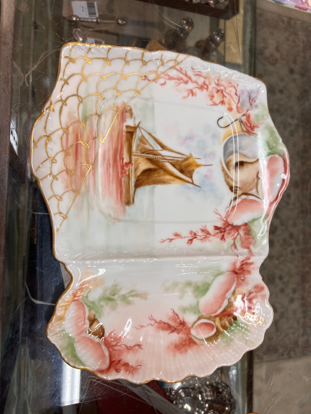 Pair of Antique T&V Limoges France Hand-Painted Nautical Porcelain Divided Serving Dishes