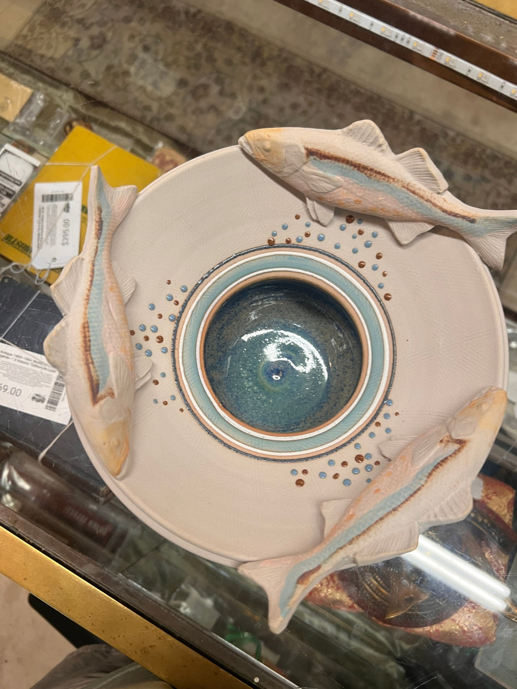 Handcrafted Coastal Studio Pottery Fish Serving Bowl with Three-Dimensional Applied Fish