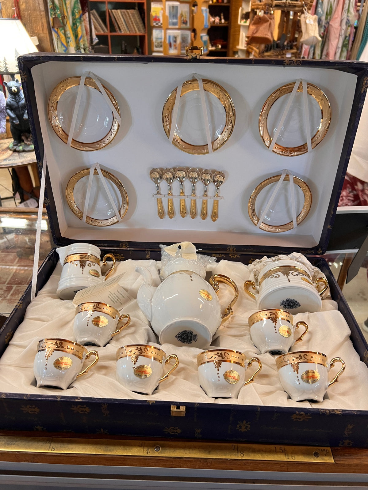 Vintage Alfa & Omega Italian Hand-Decorated Porcelain Coffee & Tea Service with Gold Gilt – Boxed Set