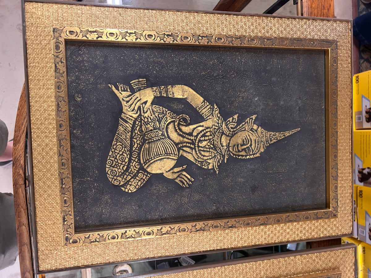 Pair of Vintage Thai Temple Dancer Raised Relief Etchings – Gold & Black Framed Wall Art