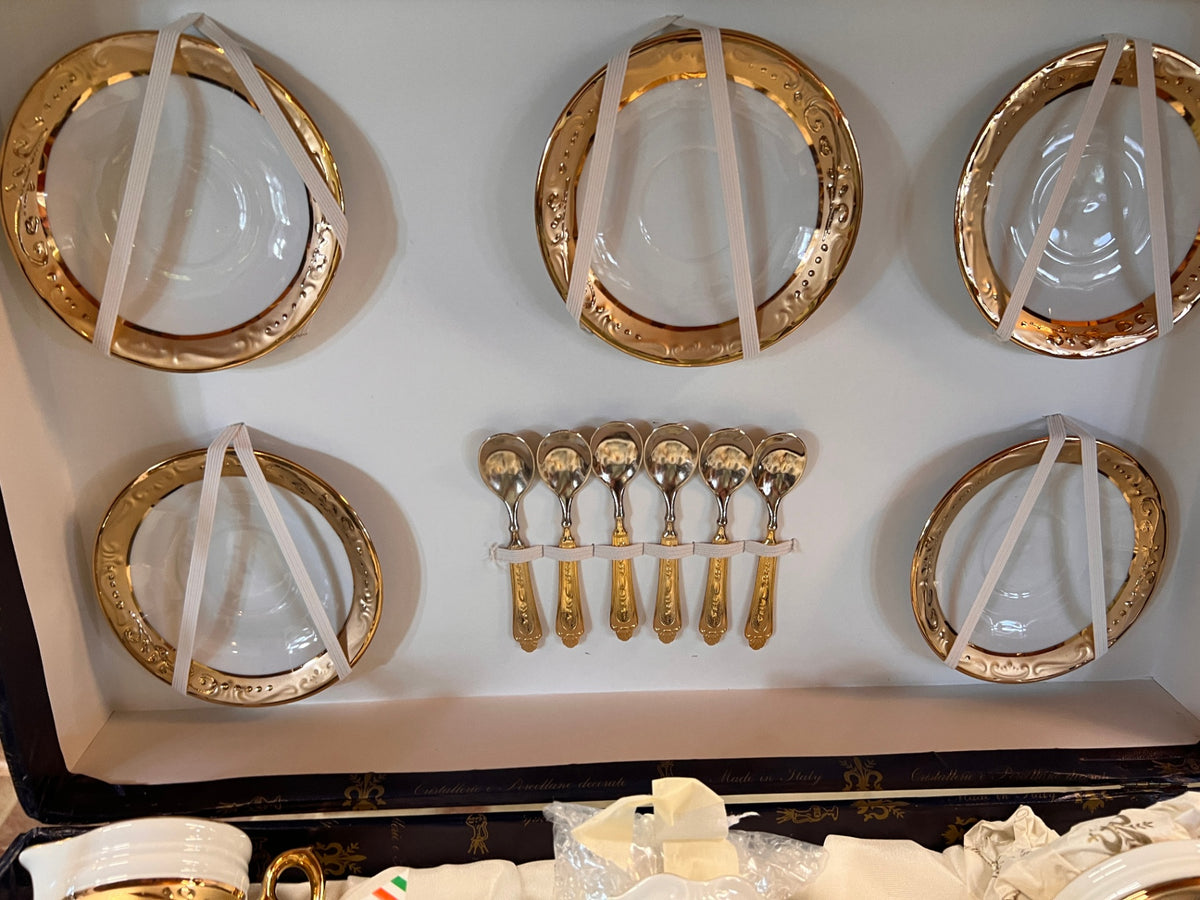Vintage Alfa & Omega Italian Hand-Decorated Porcelain Coffee & Tea Service with Gold Gilt – Boxed Set