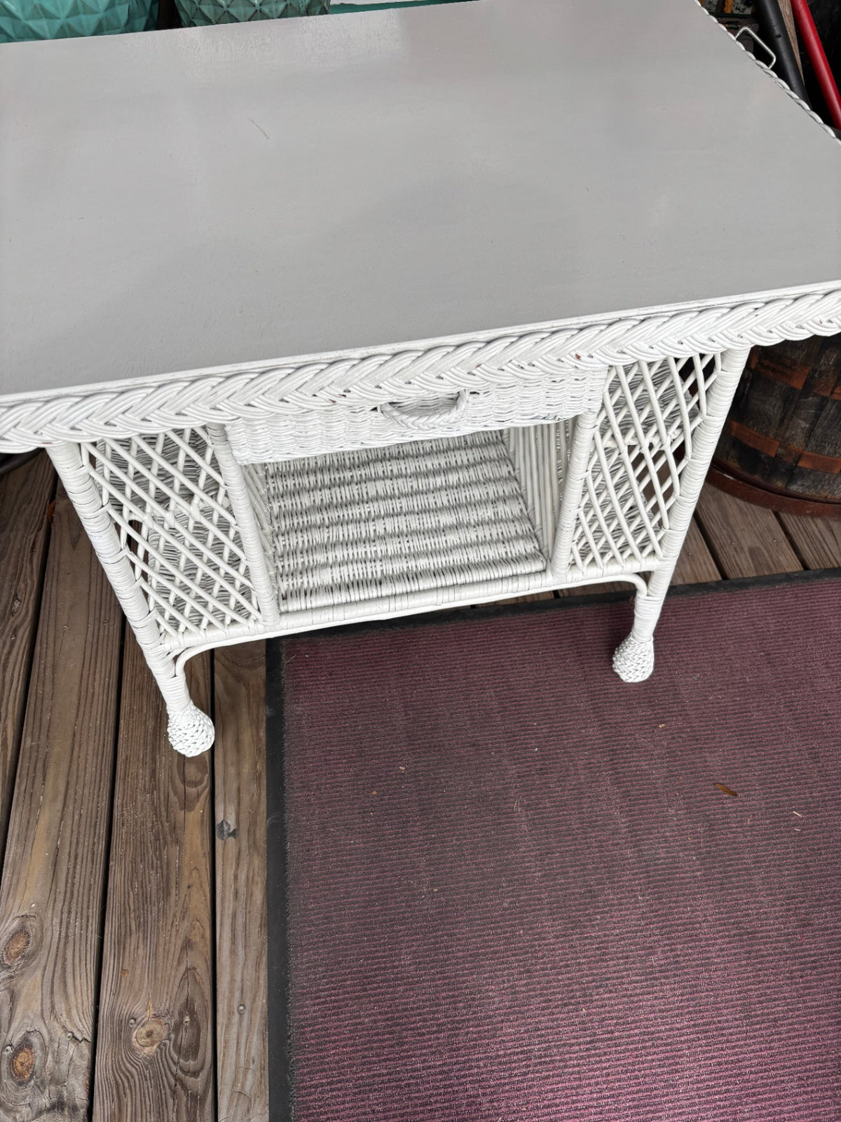 : Vintage White Wicker Console Table with Lower Shelf & Lattice Sides