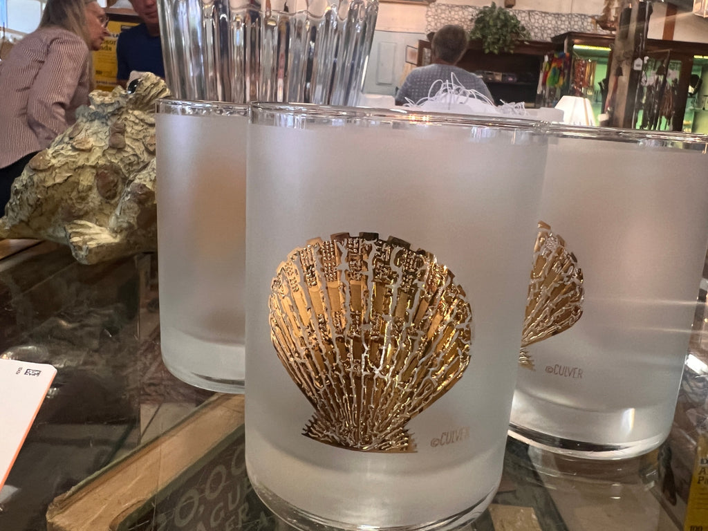 Vtg Culver Lowball Whiskey Glasses Seashell Frosted 22K Beach Nautical Set of 6
