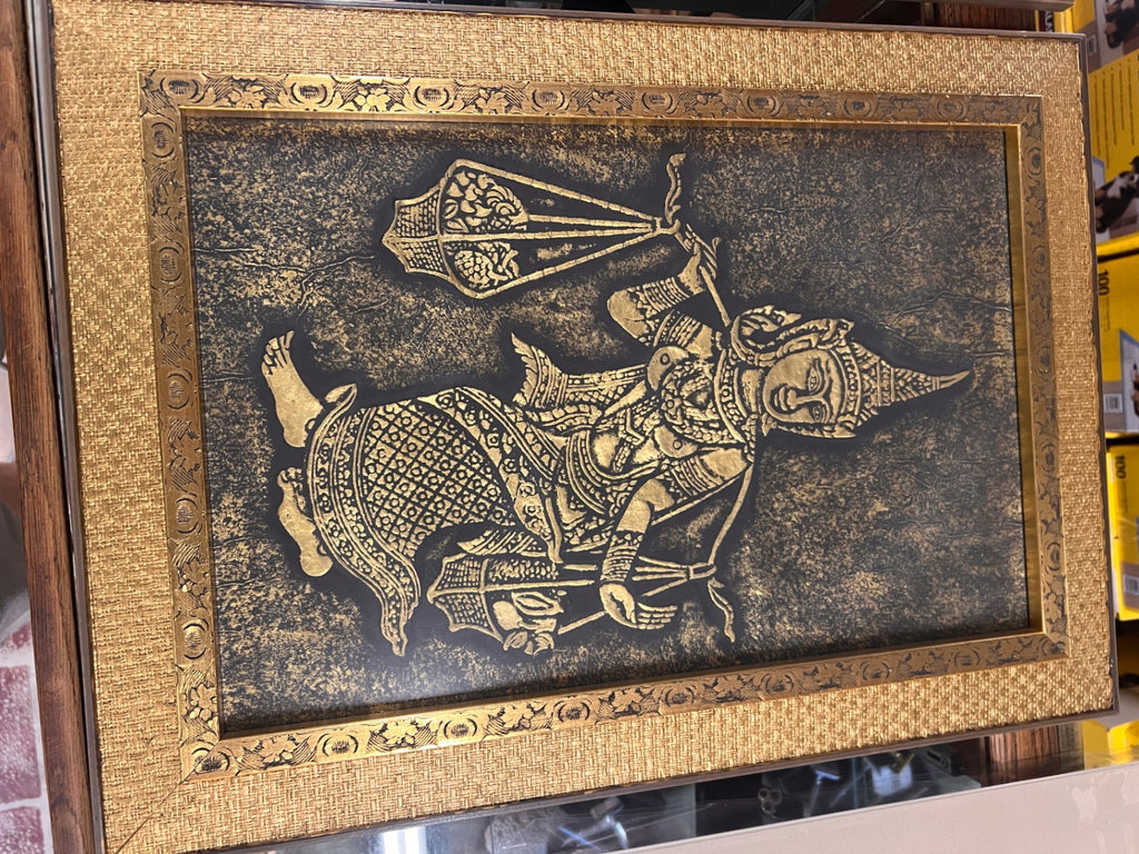 Pair of Vintage Thai Temple Dancer Raised Relief Etchings – Gold & Black Framed Wall Art