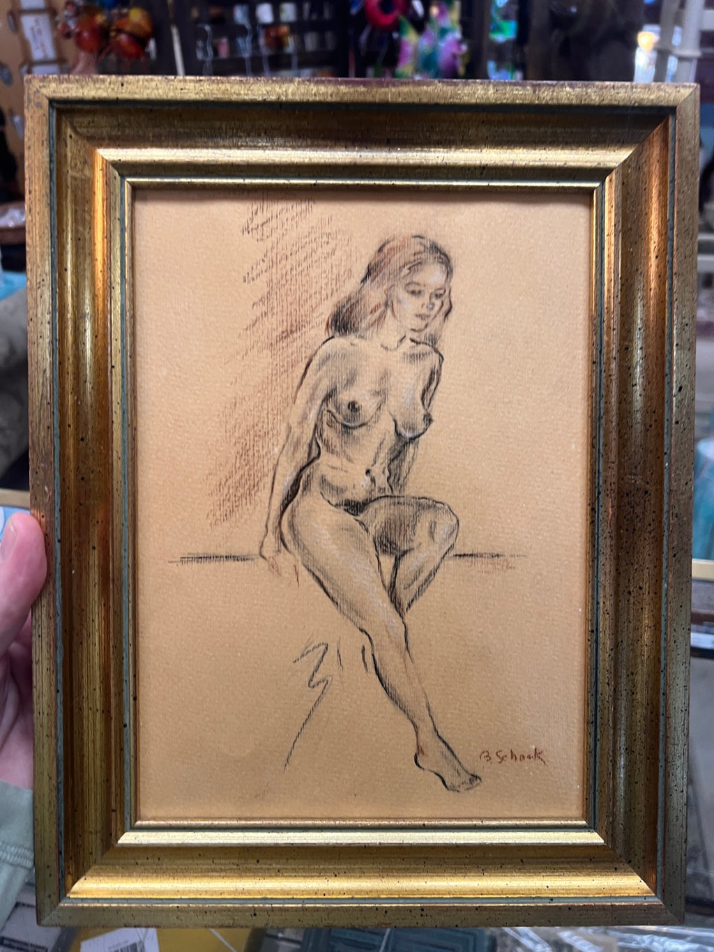 Vintage Signed B. Schack Seated Female Nude Figure Study in Gilt Frame