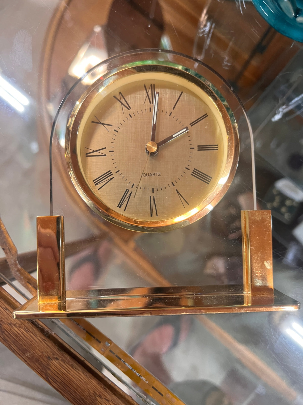 Vtg Brushed Brass Napoleon Mantel Clock w/ Clear Arched Glass Frame & Brass Mount