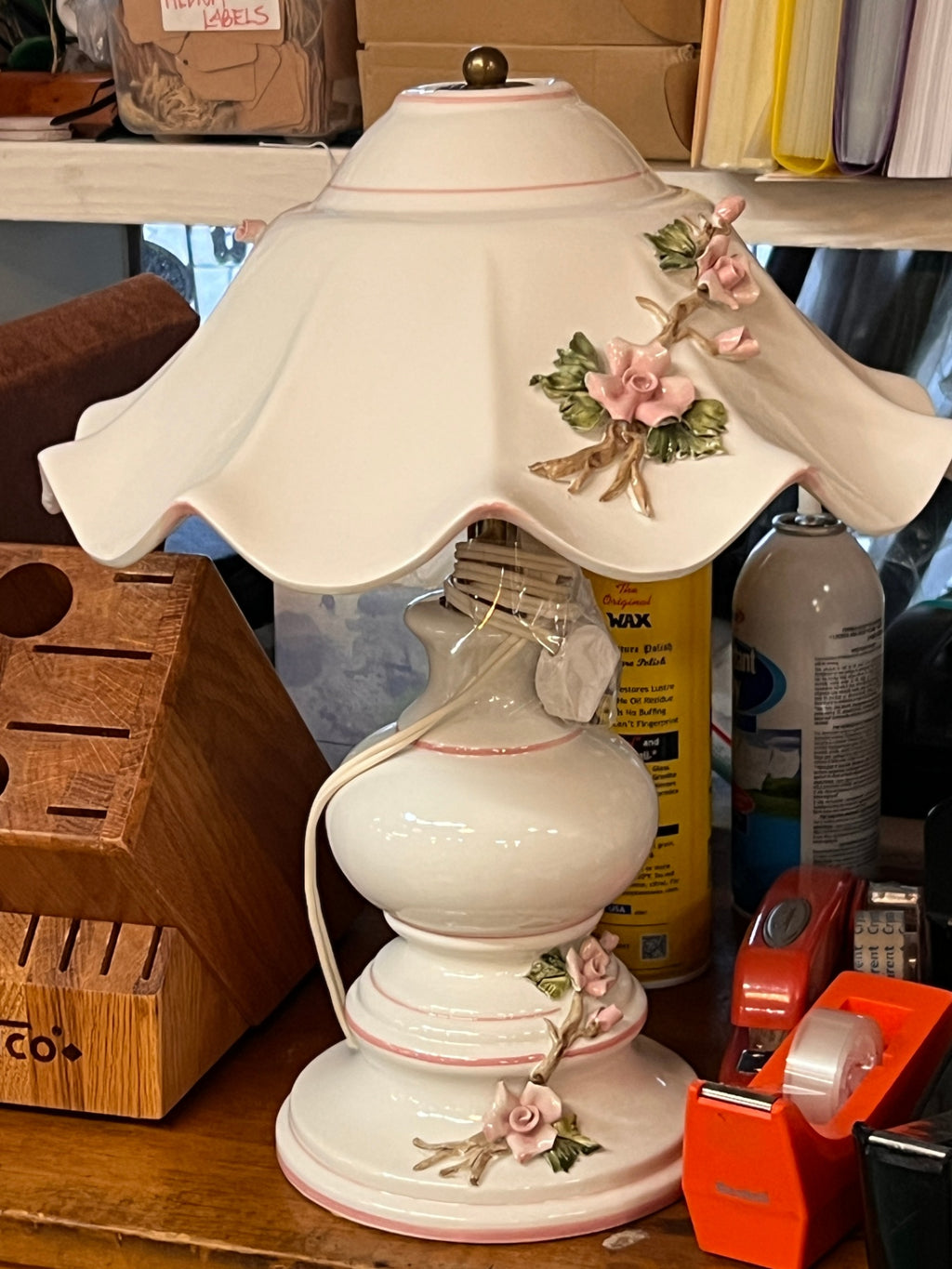 Vintage M. Moretto Italian Capodimonte Porcelain Floral Table Lamp with Ruffled Shade