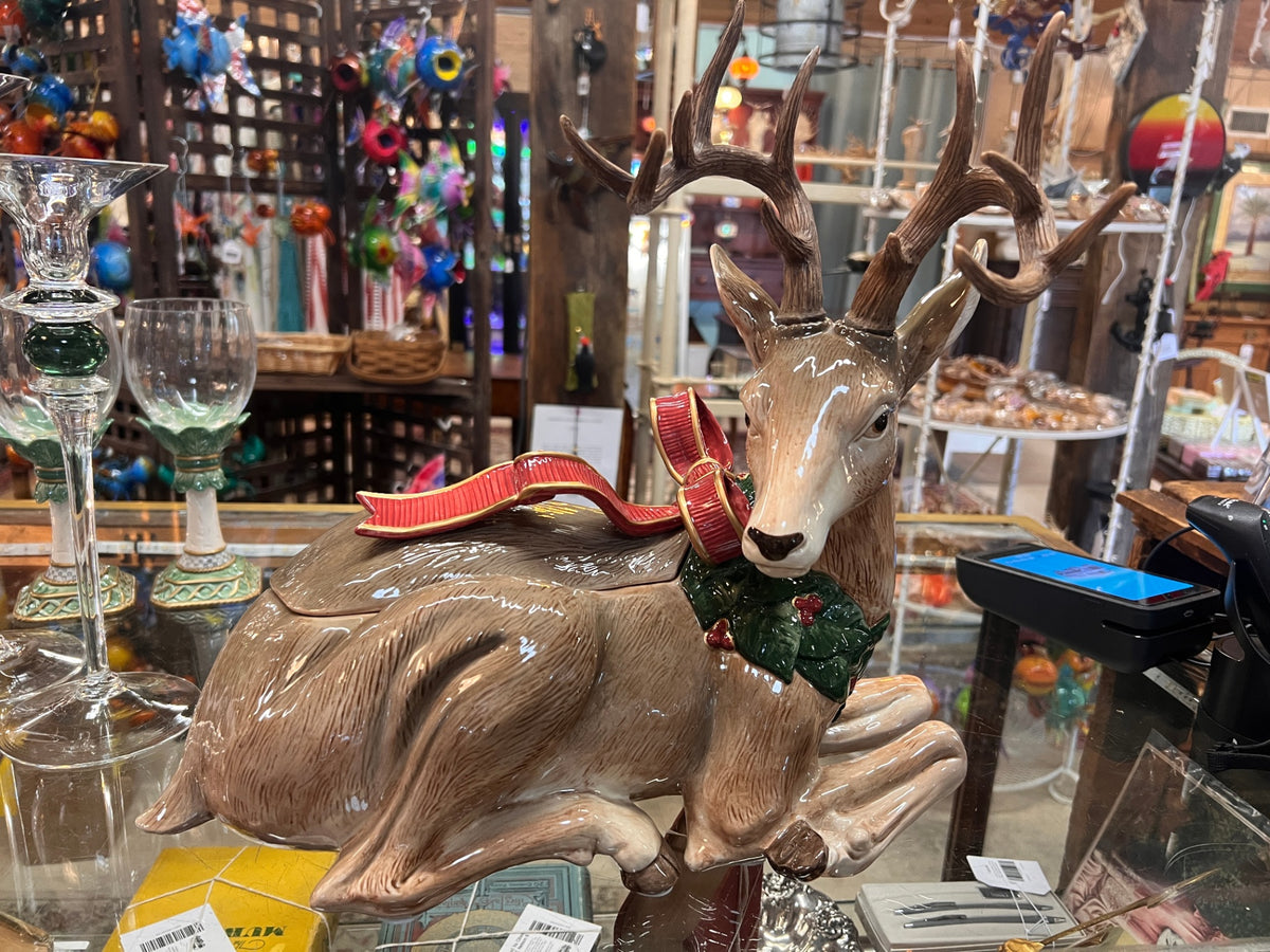 Fitz & Floyd Deer Holiday Leaves Centerpiece Cookie Jar Christmas 16"x15" 1994