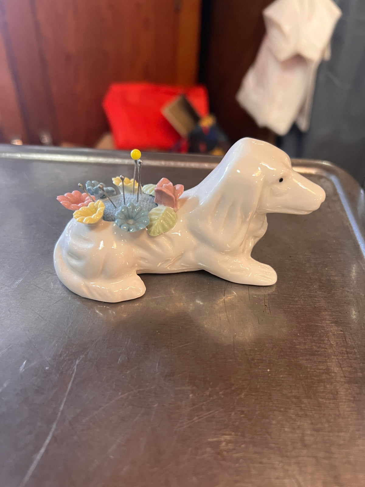 Vintage White Porcelain Dachshund Pin Cushion Pastel Flower