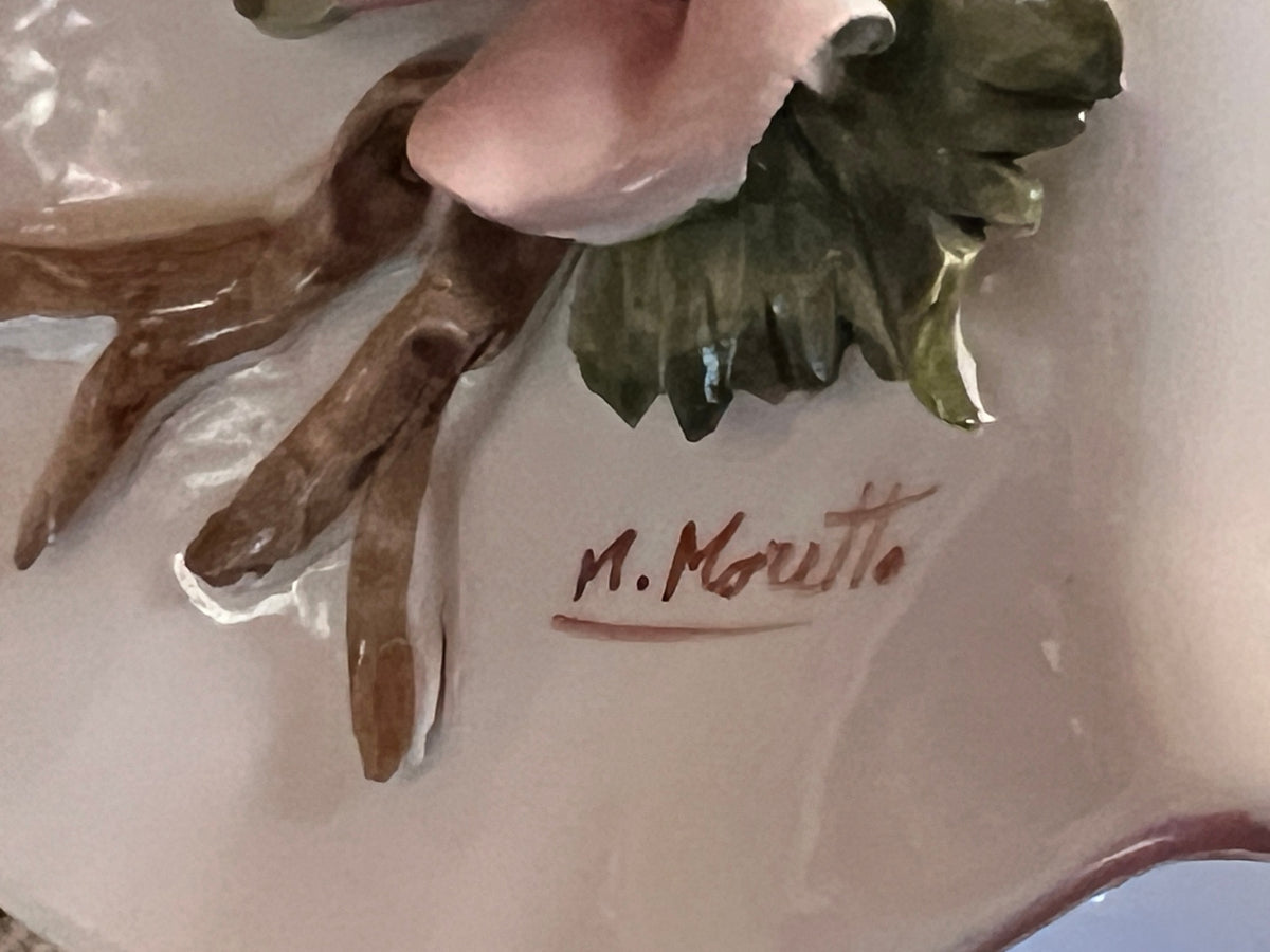 Vintage M. Moretto Italian Capodimonte Porcelain Floral Table Lamp with Ruffled Shade