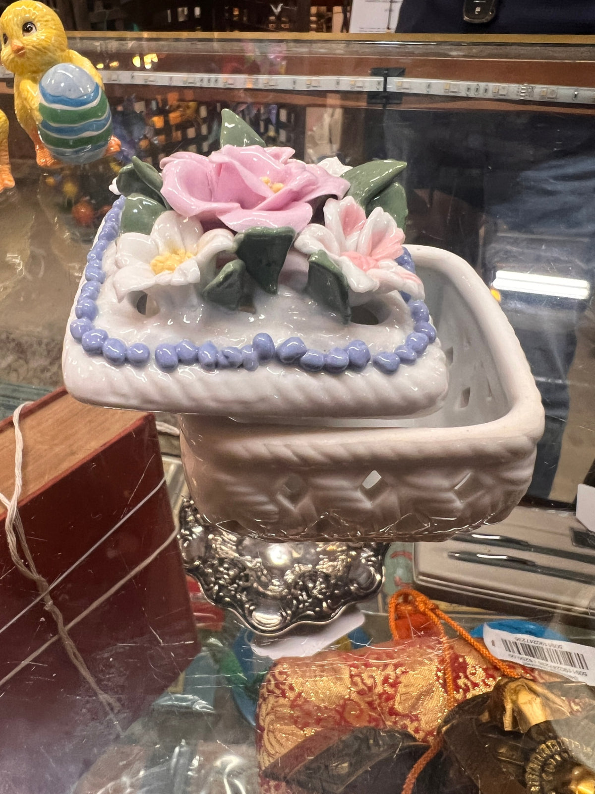 Capodimonte Style Flower Ceramic Basket Woven Square Trinket Box w/Lid