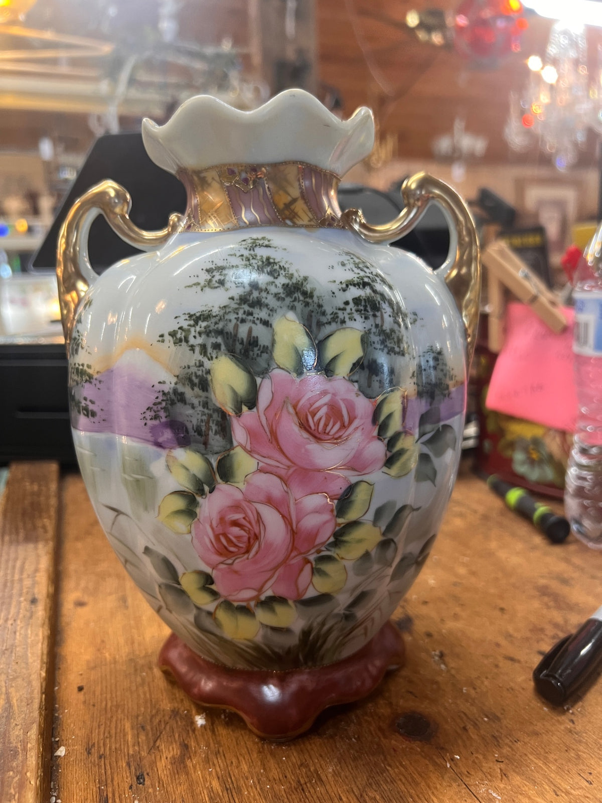 Antique 1911–1921 Morimura Nippon Hand-Painted Porcelain Vase with Pink Roses & Gold Handles