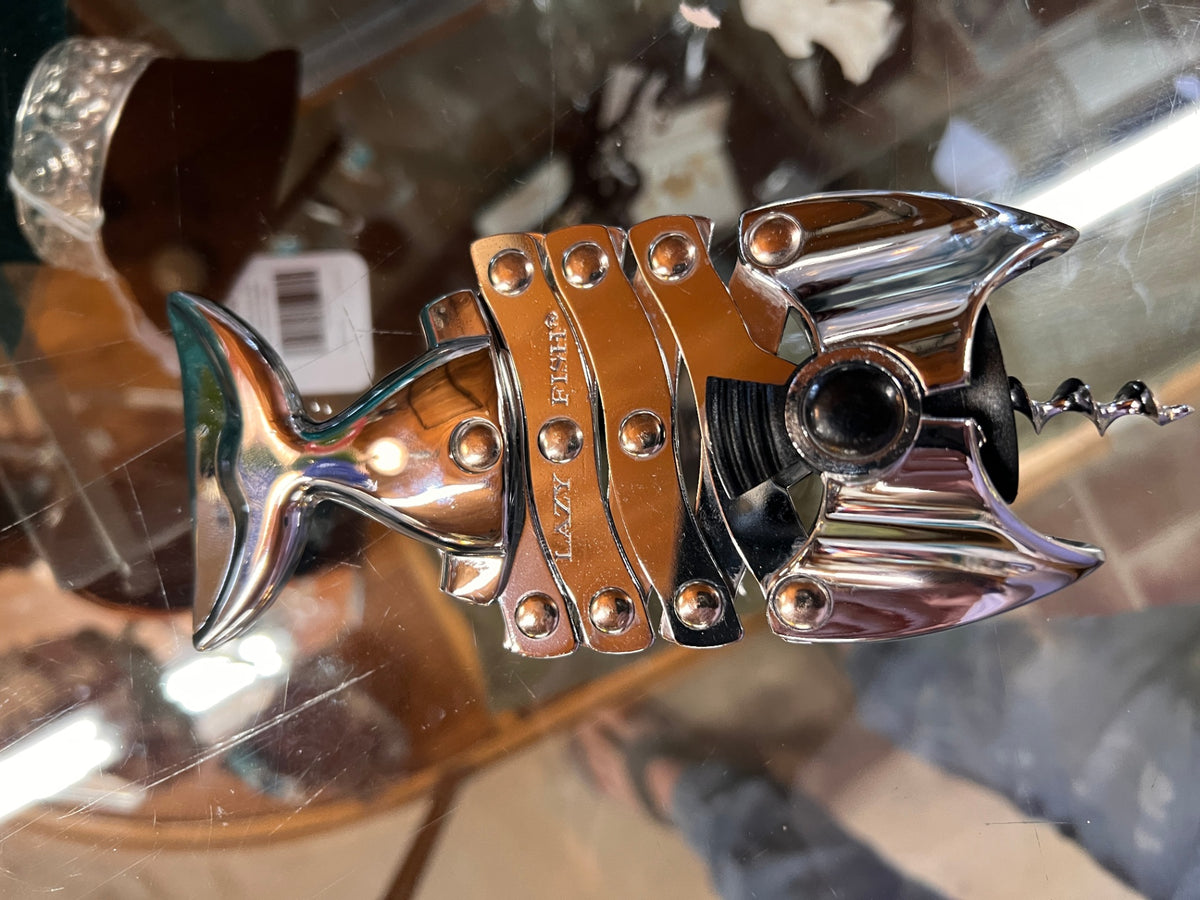 Vtg Lazy Fish Corkscrew Bottle Opener Expanding Chrome